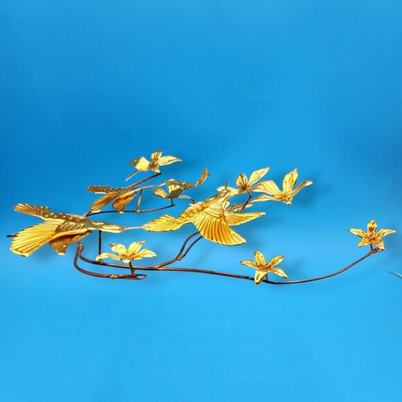 Vintage Mid Century Brass Hummingbird Wall Art Copper Floral Metal Sculpture - Picture 9 of 12